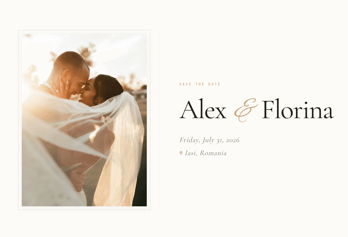 An elegant wedding couple posing under soft warm sunset lighting